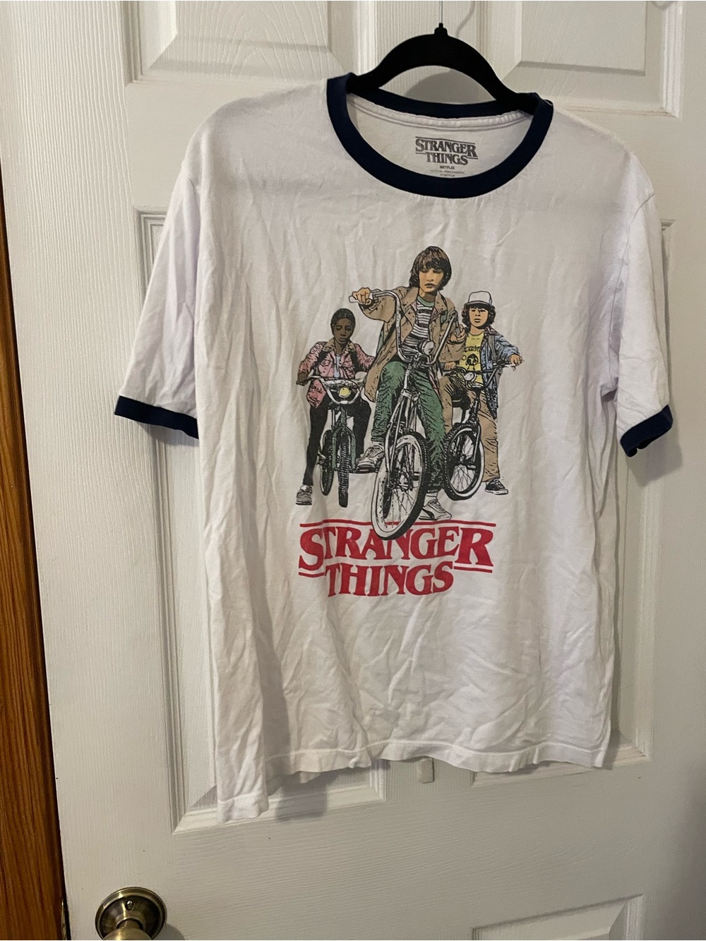 Stranger Things White Tee with Navy Trim